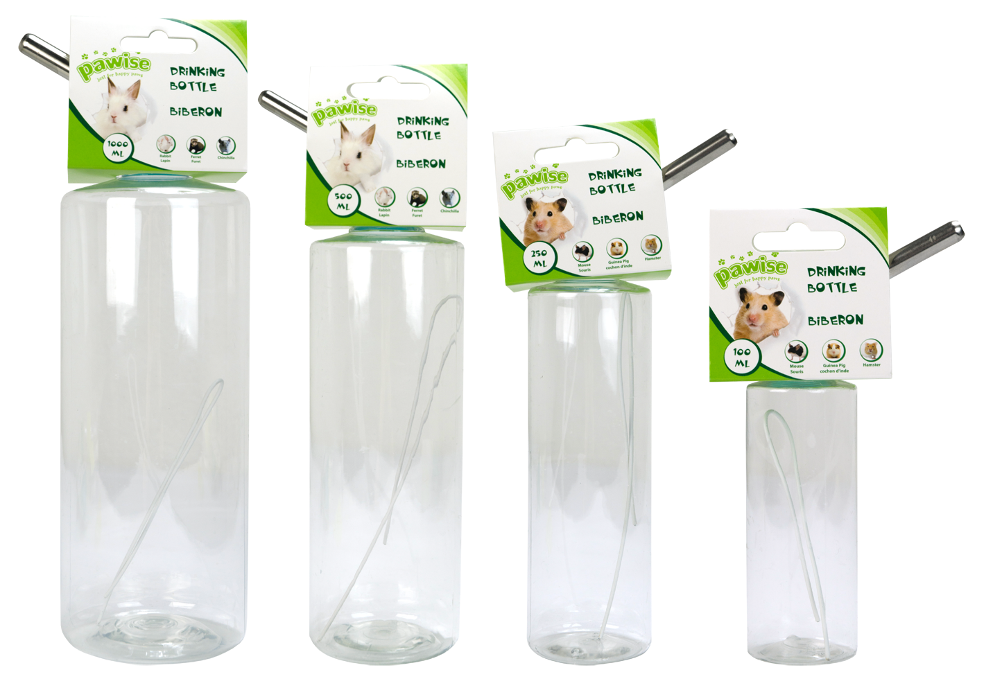 Abbeveratoio Pawise per roditori, con beccuccio antigoccia e fissaggio a gabbia, disponibile in 4 taglie.