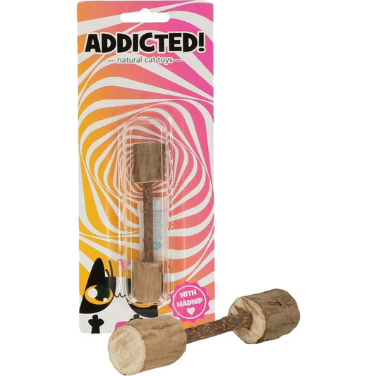  gioco per gatti Addicted Wood Dumbell è realizzato con MADNIP, una speciale pianta asiatica ancora più intensa e fruttata del classico catnip
