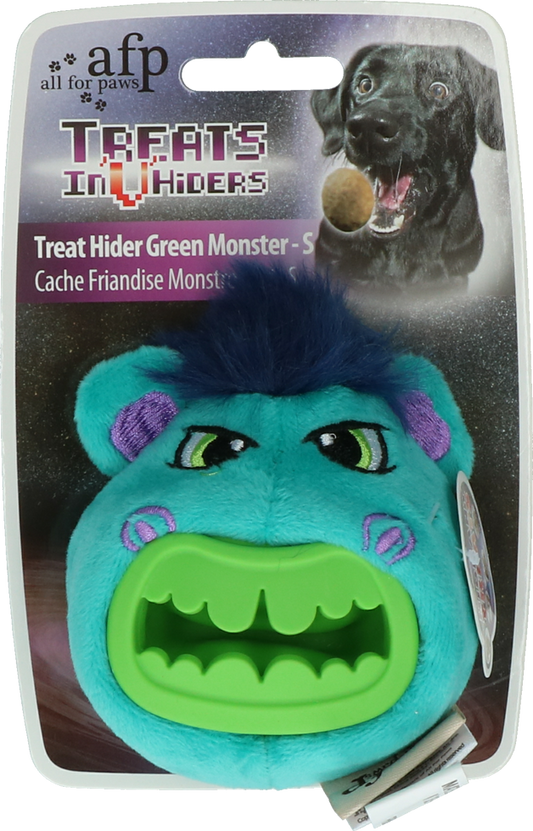 Peluche per cani a forma di mostro verde con spazio per nascondere snack, adatto a cuccioli e taglie piccole