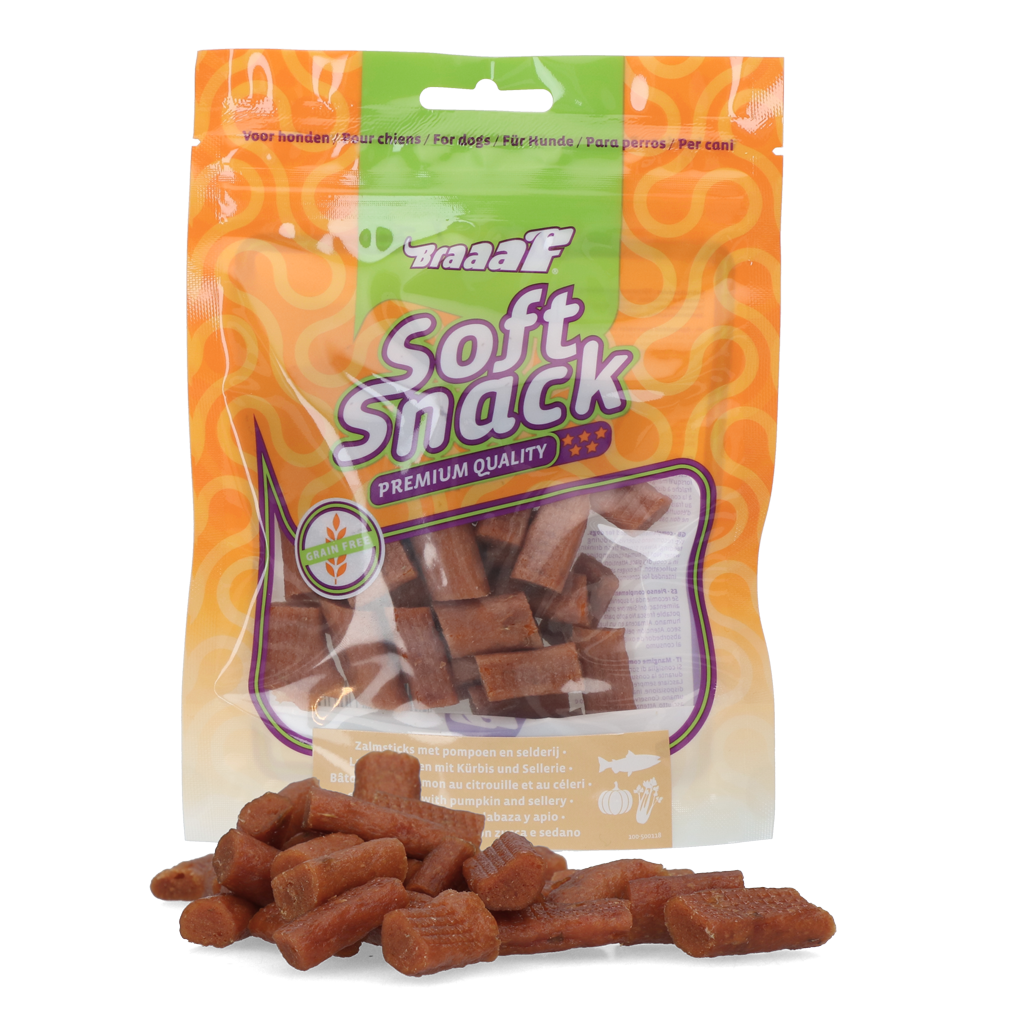 Snack morbido per cani Braaaf con salmone, zucca e sedano in confezione da 85 g