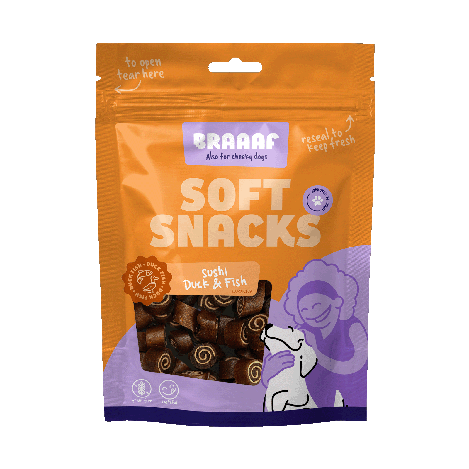 Snack morbido per cani Braaaf Sushi all’anatra e pesce in confezione da 85 g
