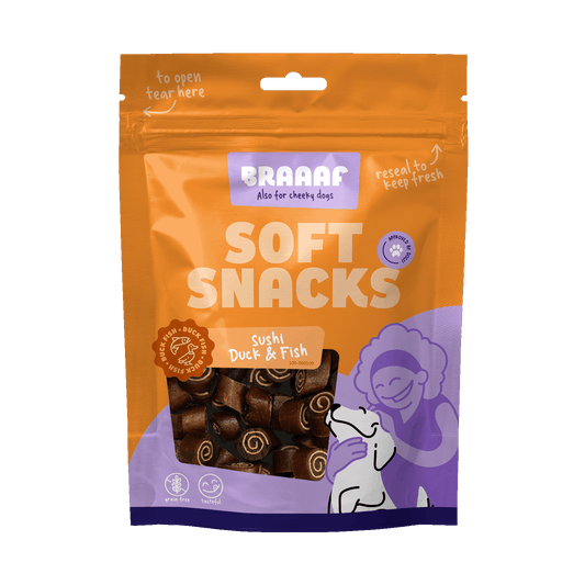 Snack morbido per cani Braaaf Sushi all’anatra e pesce in confezione da 85 g