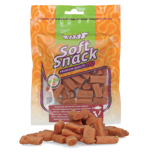 Snack morbido per cani Braaaf al tonno con carota e fagiolini in confezione da 85 g