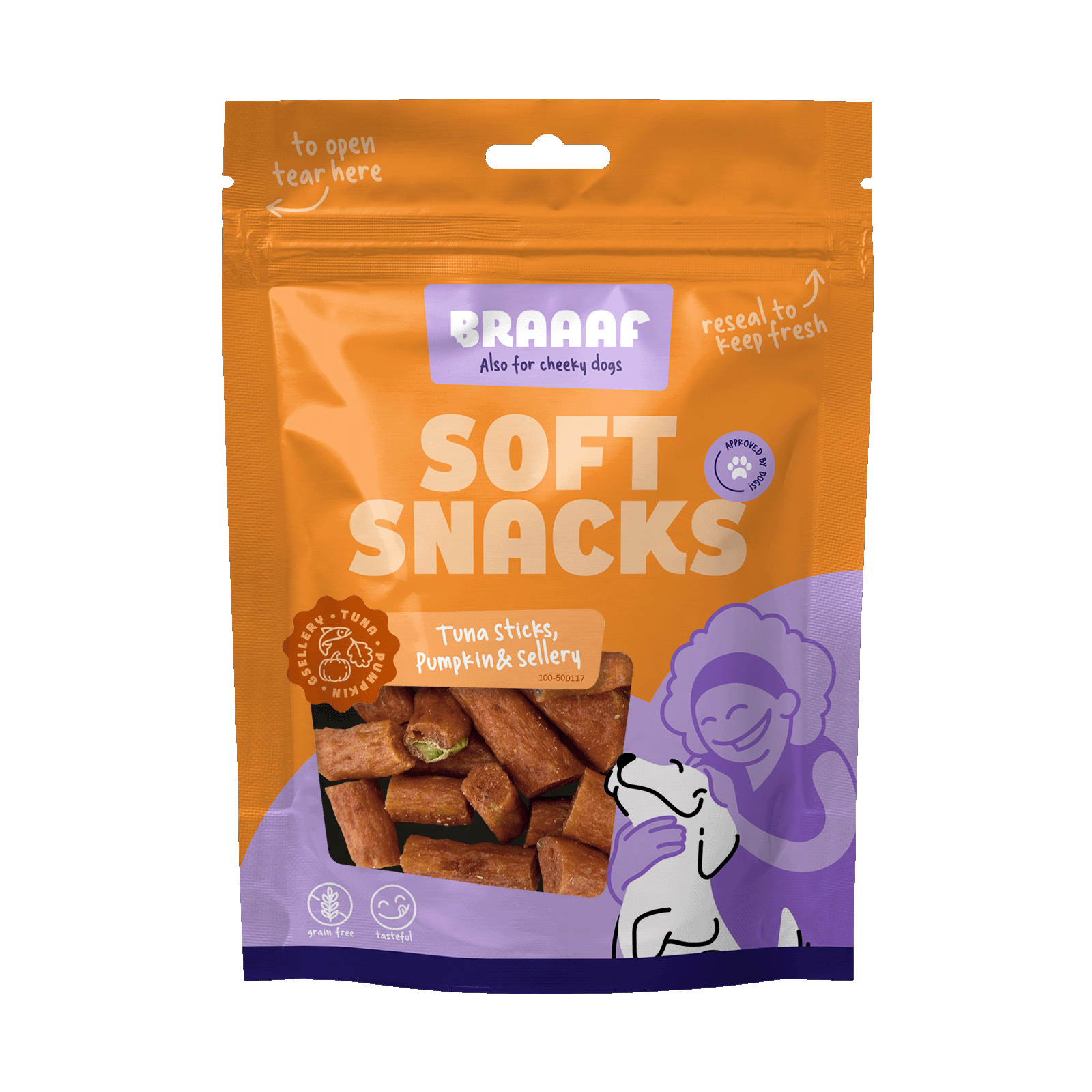 Snack morbido per cani Braaaf al tonno con zucca e sedano in confezione da 85 g