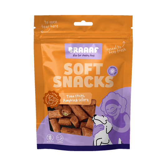 Snack morbido per cani Braaaf al tonno con zucca e sedano in confezione da 85 g