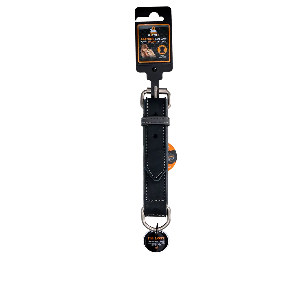 Collare in pelle nero Spotted! Pro con tag digitale NFC/QR per cani.