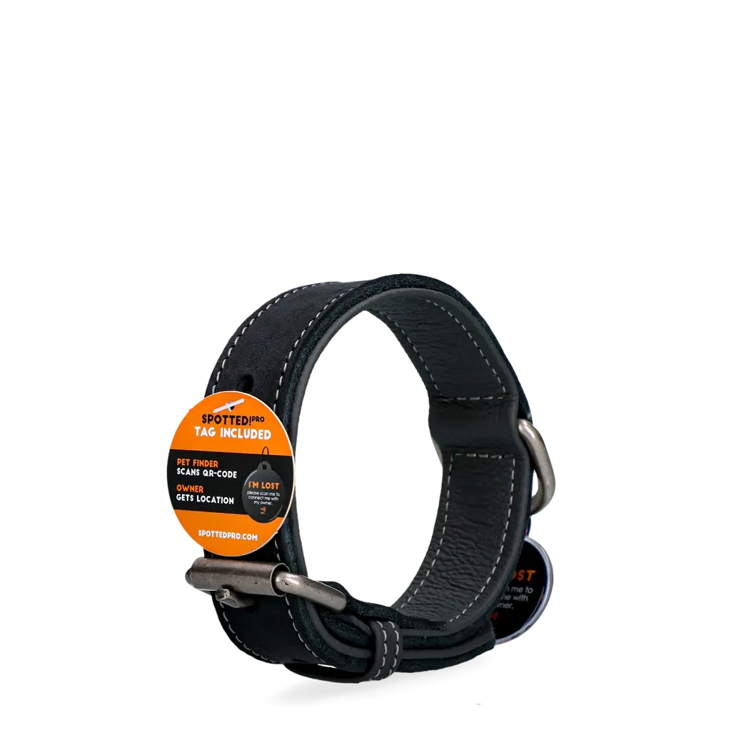 Collare in pelle nero Spotted! Pro con tag digitale NFC/QR per cani.