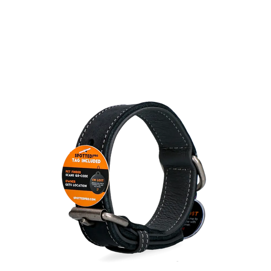 Collare in pelle nero Spotted! Pro con tag digitale NFC/QR per cani.