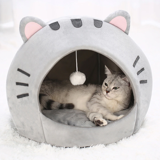 Cuccia per gatti con cappuccio e palla di peluche, morbida e traspirante