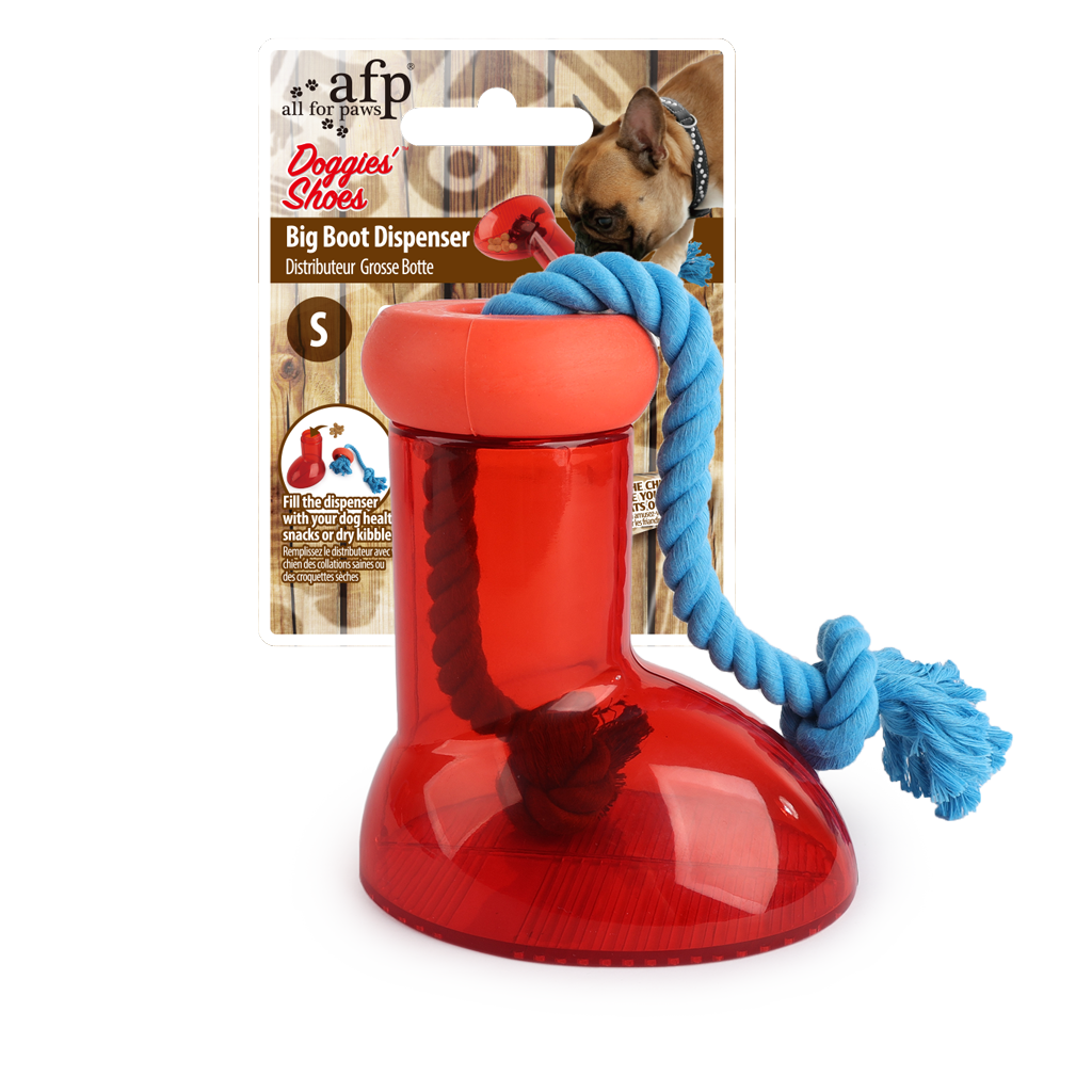 Dispenser interattivo a forma di stivale per cani AFP Doggies' Shoes con corda, riempibile con snack