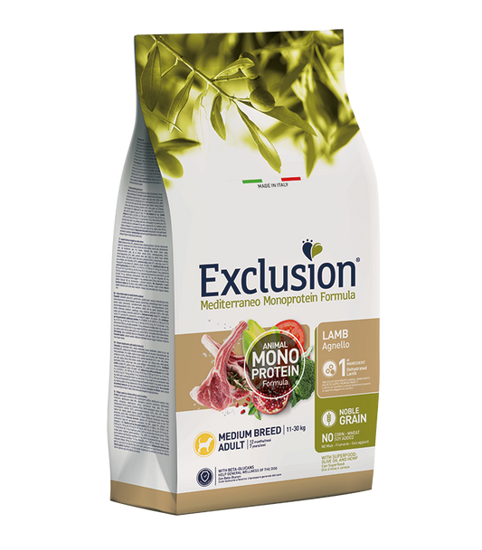Exclusion Mediterraneo Cane Adult Medium Agnello 12kg – Monoproteico con Superfood Mediterranei