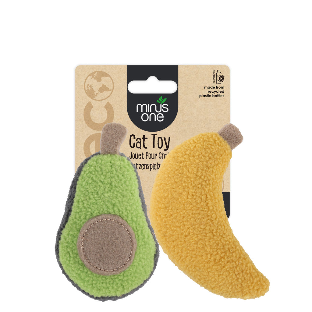 Giochi sostenibili per gatti a forma di avocado e banana con catnip, realizzati in materiale riciclato