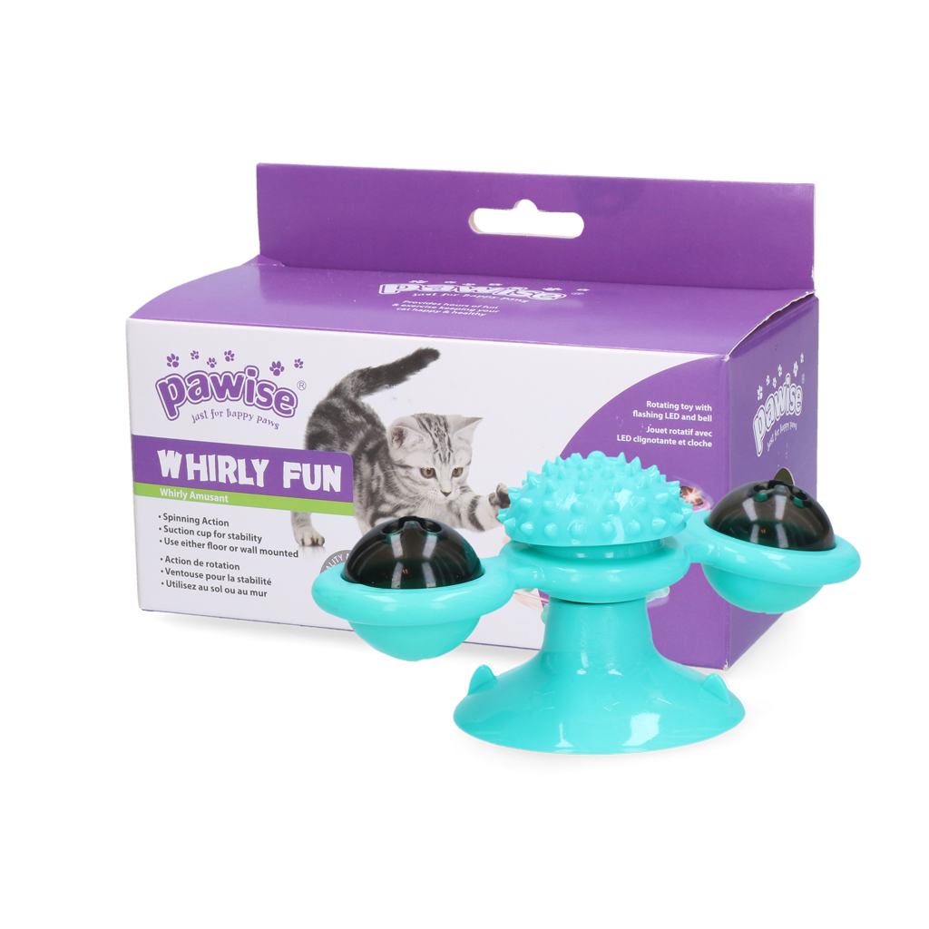 Gioco rotante per gatti Pawise Twirly Whirly con ventosa, LED e campanellino

