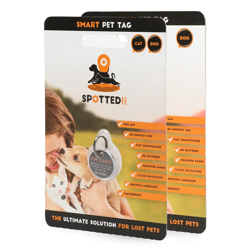 Medaglietta Smart Spotted! Pro per cani e gatti con tecnologia NFC e QR Code integrati.