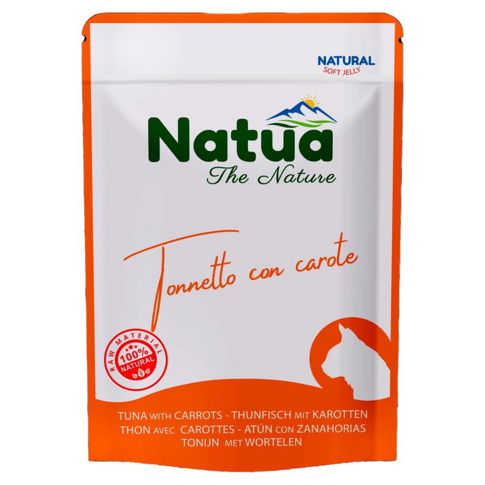 Alt text: Busta Natua per gatti tonnetto e carote 70g cottura al vapore