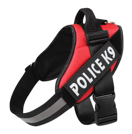 Pettorina regolabile rossa per cani modello Police K9 con maniglia e banda riflettente