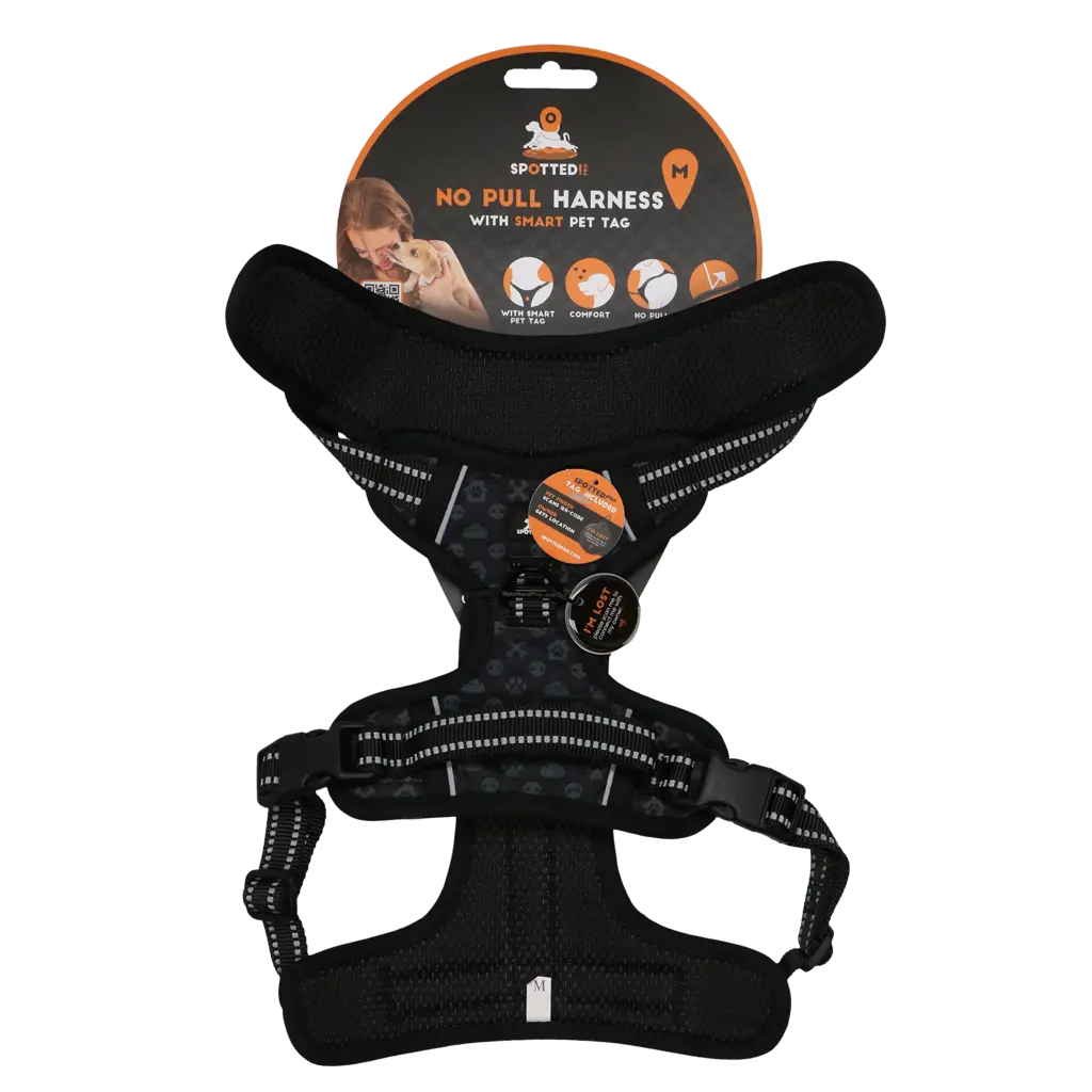 Pettorina PRO Grigio Scuro Spotted! con tag digitale NFC/QR integrato per cani.