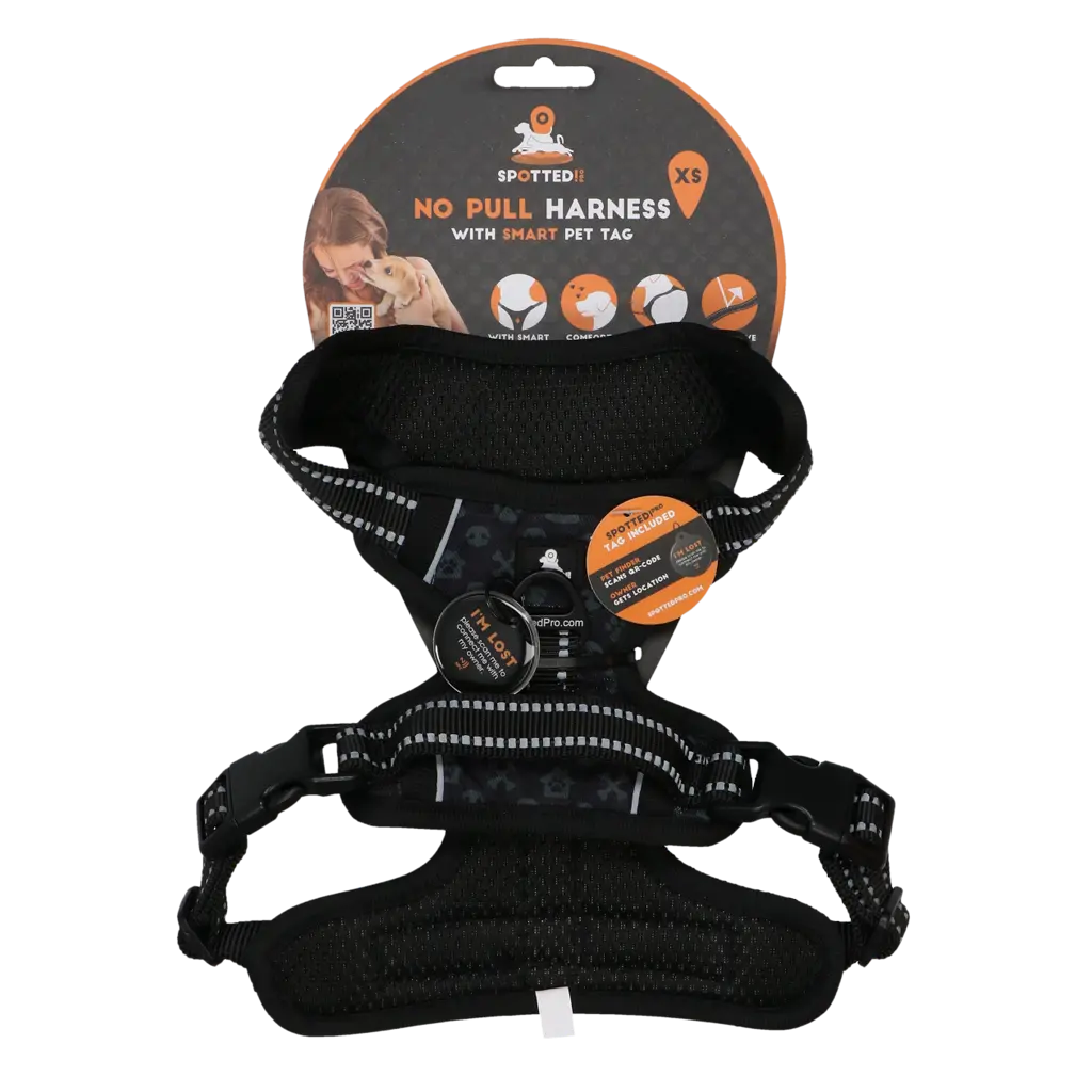 Pettorina PRO Grigio Scuro Spotted! con tag digitale NFC/QR integrato per cani.