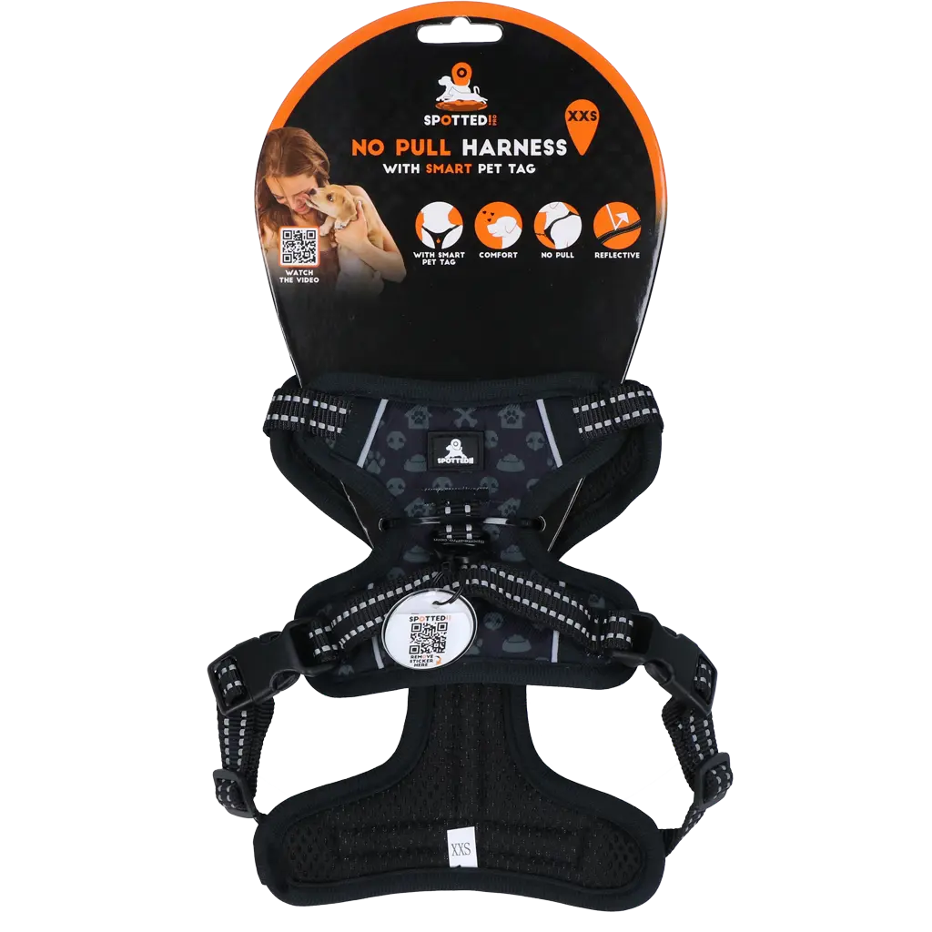 Pettorina PRO Grigio Scuro Spotted! con tag digitale NFC/QR integrato per cani.