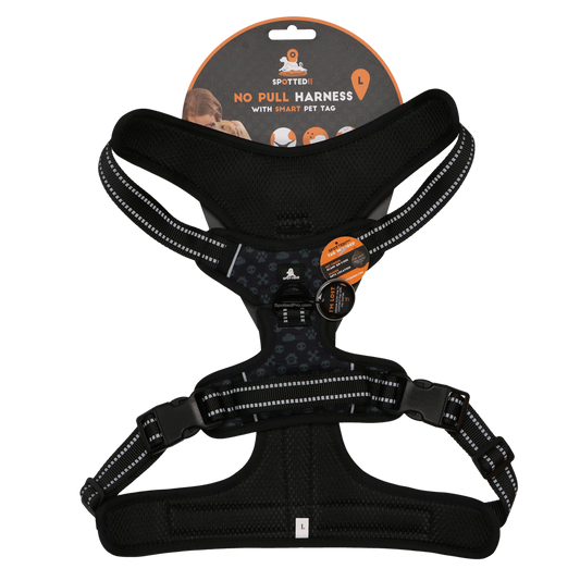 Pettorina PRO Grigio Scuro Spotted! con tag digitale NFC/QR integrato per cani.