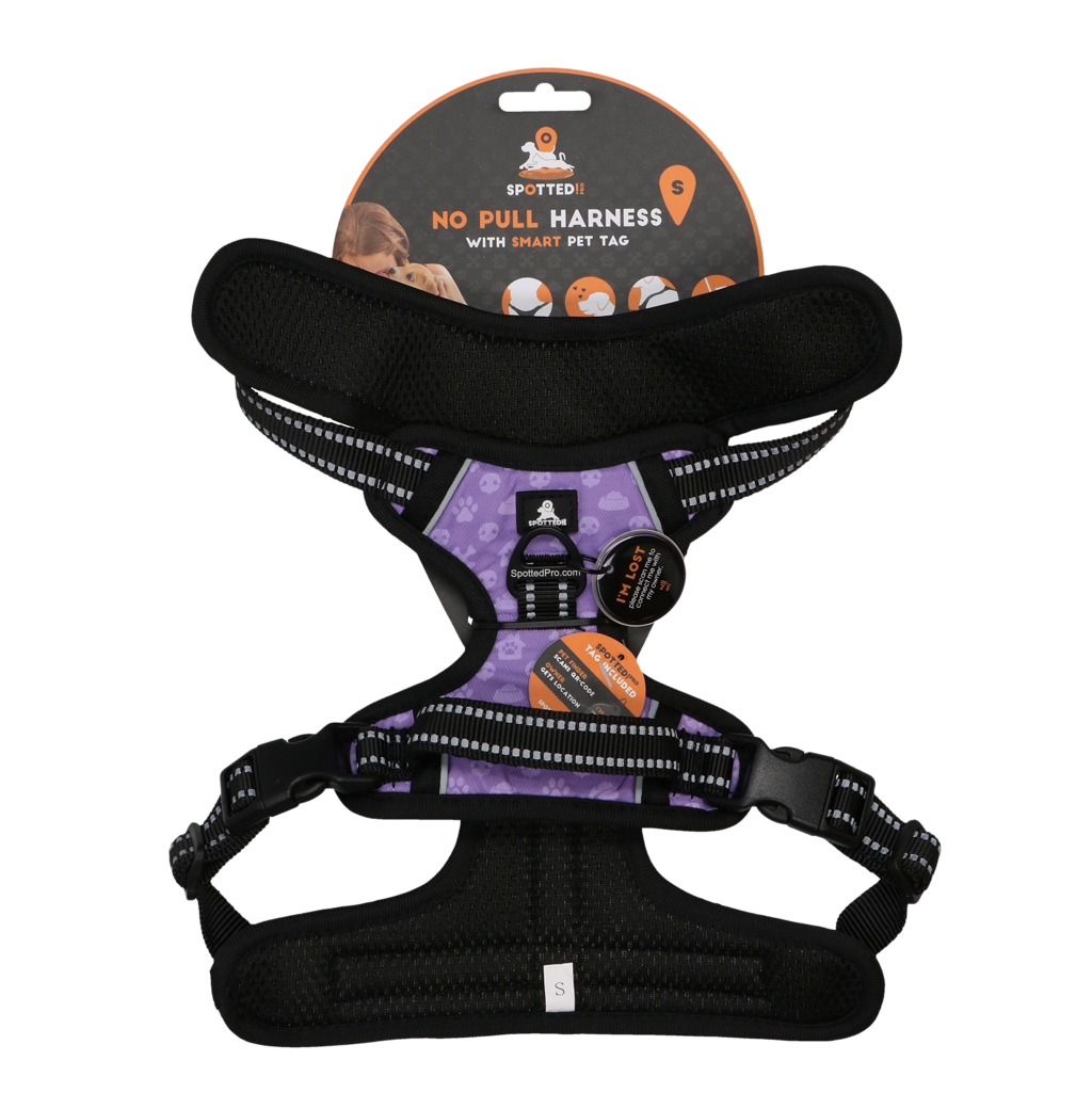 Pettorina PRO Viola Spotted! con tag digitale NFC/QR integrato per cani.