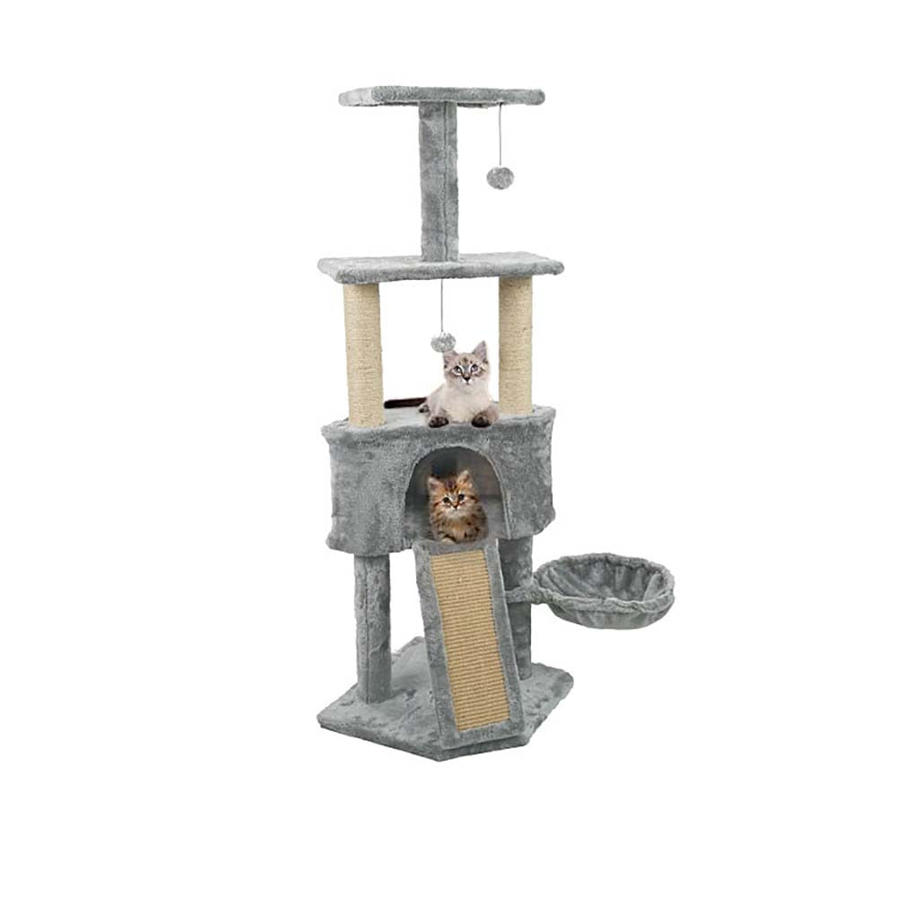 Albero tiragraffi grigio per gatti con cuccia, 3 livelli e superfici in sisal
