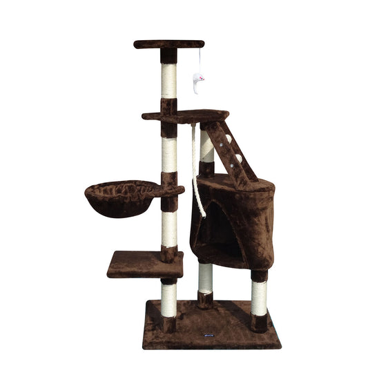 Tiragraffi Gloria 120 cm marrone con cuccia, amaca e colonne in sisal per gatti