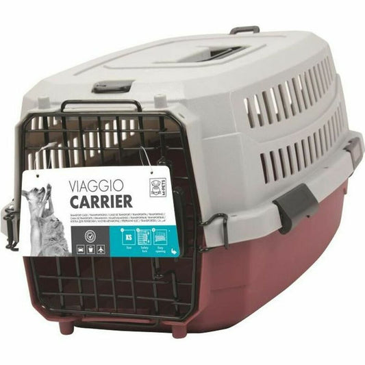 Trasportino MPETS Viaggio Carrier S in plastica grigio/borgogna con griglia frontale in metallo e maniglia superiore