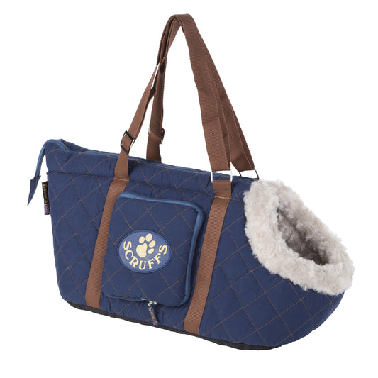 Trasportino per cani Scruffs Wilton Dog Carrier in tessuto trapuntato con fodera in pelliccia di peluche, disponibile in Blu, Grigio, Nero e Marrone