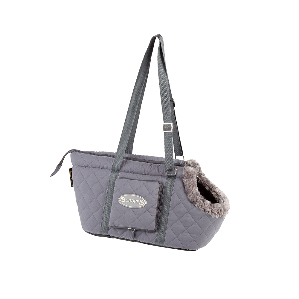 Trasportino per cani Scruffs Wilton Dog Carrier in tessuto trapuntato con fodera in pelliccia di peluche, disponibile in Blu, Grigio, Nero e Marrone