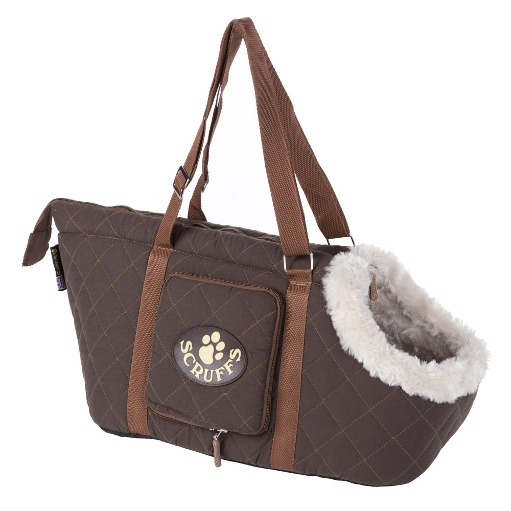 Trasportino per cani Scruffs Wilton Dog Carrier in tessuto trapuntato con fodera in pelliccia di peluche, disponibile in Blu, Grigio, Nero e Marrone