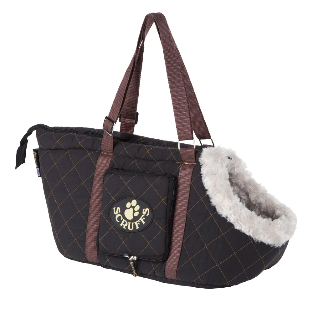 Trasportino per cani Scruffs Wilton Dog Carrier in tessuto trapuntato con fodera in pelliccia di peluche, disponibile in Blu, Grigio, Nero e Marrone