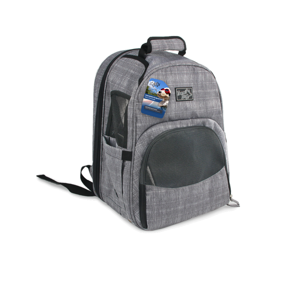 Zaino trasportino estensibile per cani e gatti AFP Travel Dog, dimensioni 46 x 30 x 20 cm, estensibile fino a 105 cm, con tasche laterali e finestra in rete.​