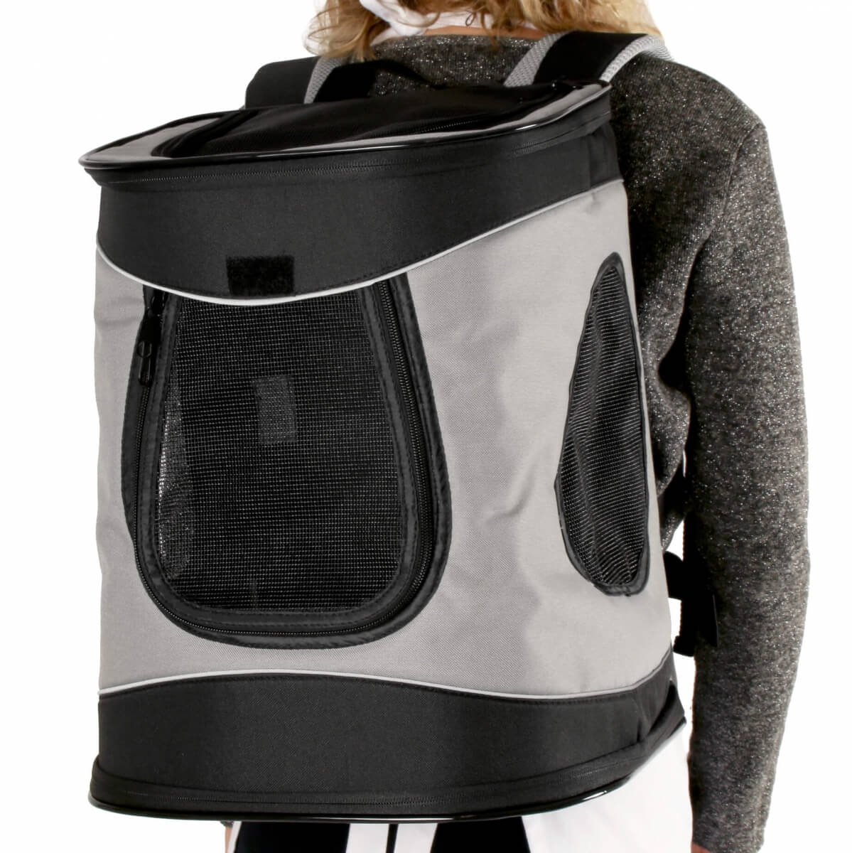 Zaino trasportino Trixie Timon nero/grigio per cani e gatti, dimensioni 34 x 44 x 30 cm, con spallacci imbottiti e aperture frontale e superiore